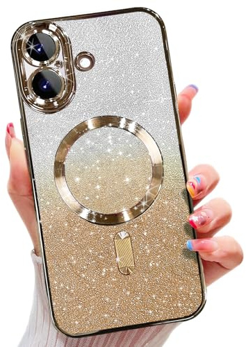 Misscase Magnetisch Hülle Kompatibel für iPhone 16, Glitzer Verlauf Handyhülle Kompatibel mit MagSafe, Stoßfest Anti-Kratzen mit Kamera Objektivschutz Niedliche TPU Schutzhülle-Golden