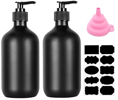 2 STK 500ml Seifenspender, Shampoo Flaschen zum Befüllen, Spülmittelspender, Leere Pumpflaschen Duschgel Dispenser für Küche Bad Lotionen Shampoos, mit Trichter & Etiketten (Mattschwarz) (Schwarz)