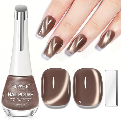 SUPWEE Braun Cat Eye Nagellack mit Magnet, Quick Drying Magnet Nagellack | Ohne UV Oil Based Magnetic Nail Polish No Gel für Home Nail Art DIY Salon 16ML