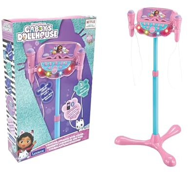 Lexibook, Gabby et la Maison Magique Kit Micro sur Pied, S160GDHLXB | Hauteur ajustable, 2 micros, Effets lumineux, MP3, entrée AUX, Bluetooth, effets vocaux