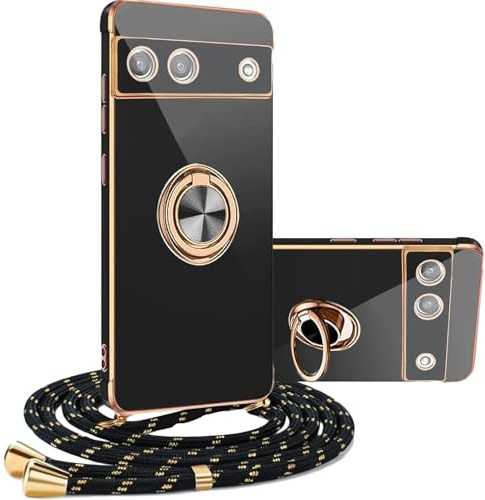 YAMCCCSE 360°Coque avec Cordon Compatible avec Google Pixel 6A, Galvanoplastie Antichoc Étui Lanyard Case Téléphone Portable Protection Cover avec Support pour Google Pixel 6A, Noir