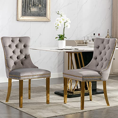 Lot de 2 Chaises de Salle à Manger, Chaise Salle a Manger Haut Dos en Velours, Chaise de Salle à Manger avec Pieds en Acier Inoxydable doré, Décoration Rivets, Supporter Un Poids de 130kg, Gris + Or