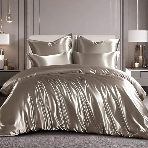 RUIKASI Satin Bedding Set Double Bed - Silky Duvet Cover Set for Hair and Skin, 3 Piece Duvet Set Quilt Cover with 2 Pillowcases, 200x200cm Taupe