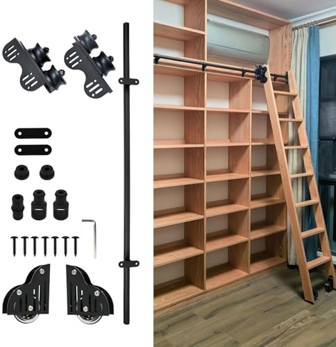Ausziehbares Rollleiter-System für Bibliotheken, schwarzes Stahl-Rundrohr-Leiterschienensystem (ohne Leitern) für Dachbodentreppen/Bücherregale(600cm Gleisbausatz)