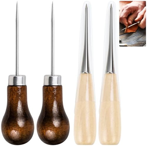 JAXICREY 4 Pcs Bradawl Tool, Wooden Handle Awl Tool Sewing Alloy, Gourd Shape Sewing Awl Tools for Wood, Professional Leather Tools Bradle Punch for Woodworking, Leatherworking, DIY, Craft, Carpenters