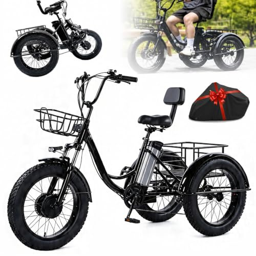 Triciclo Eléctrico De 20 Pulgadas Con Asistencia Al Pedaleo-Plegable,Neumáticos Anchos,Con Cesta De Carga Delantera Y Trasera,Pantalla Digital Lcd,Triciclo Eléctrico Para Adultos,Carga Máxima:200 Kg.