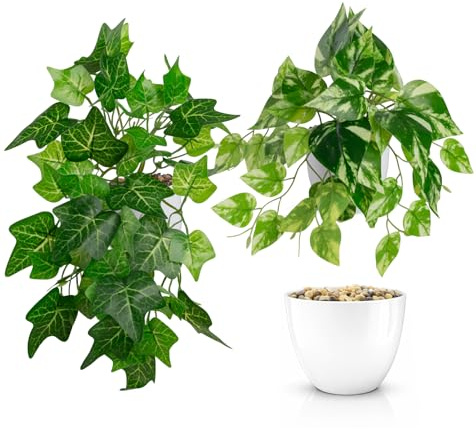PASCH® 2er Set künstliche Hängepflanzen: Efeu künstlich | künstliche Pflanzen wie echt | Kunstpflanzen hängend | Kunstpflanze hängend im Topf | Hängepflanze künstlich mit Topf (Hedera Helix, 26cm)