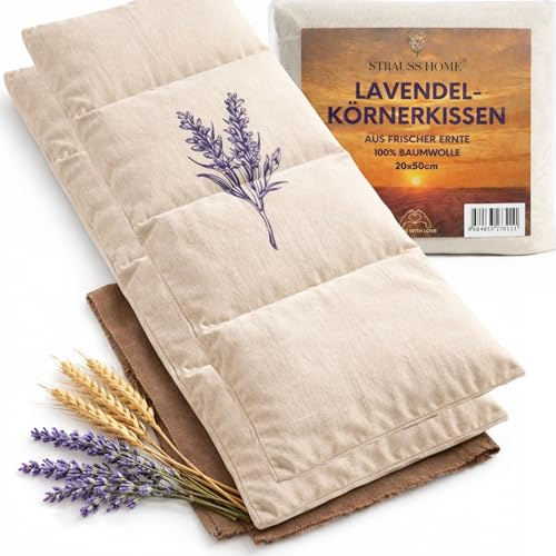 Strauss Home® Körnerkissen mit Lavendel groß – Mikrowellengeeignetes Wärmekissen gegen Verspannungen in Nacken und Rücken – natürliche Weizenkörner - getrockneter Lavendel– 20x50 cm (2 Pack)