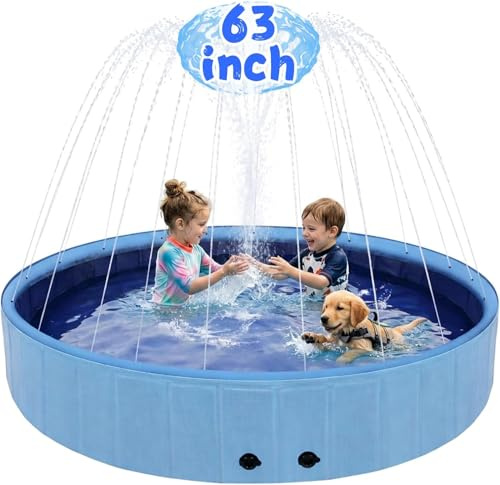 Eooqi Piscina pieghevole per cani con irrigatore, piscina extra large da 150 cm, 2 in 1, giocattolo estivo per giochi d'acqua, antiscivolo, con lato rigido, per cani da cortile, bambini e animali