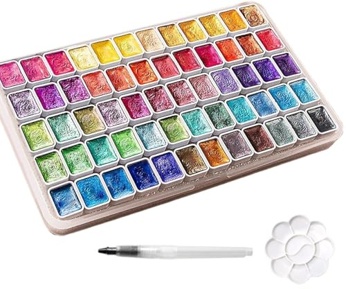 Ensemble de peinture aquarelle avec pinceau – 60 couleurs de peintures aquarelles nacrées | Fournitures de peinture à paillettes pour artistes, adultes et | Idéal pour le design des ongles, l'