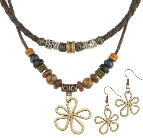 Xthrotsenk Mehrlagige Halskette Holzperlen mit, Boho-Halskette Hohlen Blumenohrringen, Boho-Schmucksets, Perlen Schmuck, Bohemian-Schmuck, Accessoires für Damen