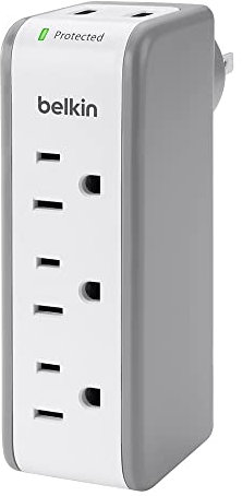 Belkin SurgePlus - Regleta protectora contra sobretensiones para montaje en pared con 3 salidas de CA y 2 puertos USB, enchufe giratorio plano para el hogar, oficina, viajes, computadora de escritorio