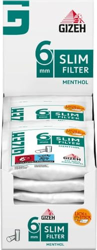 GIZEH Slim Filter Menthol, Ø 6 mm – 10 Beutel á 120 Filter | Eindrehfilter mit frischem Menthol-Aroma & Klebefläche - im wiederverschließbaren Zip-Beutel mit Spenderloch