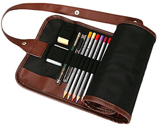 Kanggest 36 Holes Pencil Wrap Case Canvas Roll Up Pencil Case Bag Holder Black Artist Pencil Storage Case Colored Sketch Pencils Case School Office Art Soft Pencil Bag for Art Drawing (No Pencils)