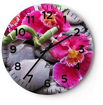 Modern Wanduhr Asiatisch Bambus Orchidee Steine 40x40cm Rund Groß Wand Uhr Glas Analog Zimmeruhren Küche Büro Wohnzimmer Glasuhr Wall Clock Dekoration Design Wanddekoration Küchenuhr C4AR40x40-0465