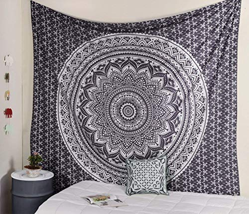 Popular Handicrafts Kp855 Original Silber Ombre Tapisserie Wandbehang indische Mandala Wandkunst Hippie Wandbehang Bohemian Tagesdecke Metallic Glanz Extra Große Wandteppiche 230 x 270 cm