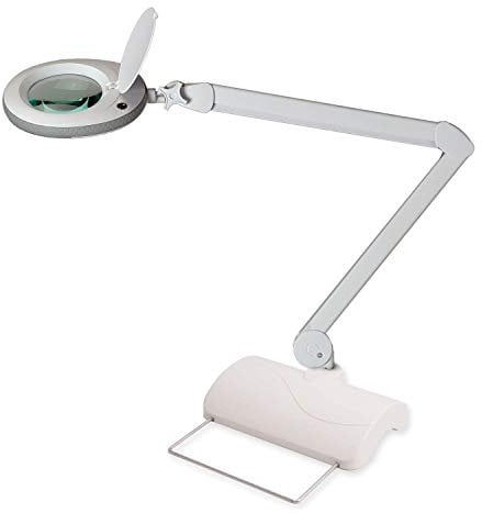 Lumeno LED Lupenleuchte 7218GR Lupenlampe mit 127 mm Echtglaslinse, Arbeitsplatzlampe, Kosmetiklampe, geeignet für Kosmetik, Bastler, Lesehilfe Vergrößerungslampe, 8 Dioptrien Grau mit Tischstativ
