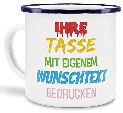 Tasse selbst gestalten/mit eigenem Text beschriften/Wunsch-Name/Spruch-Tasse/Emaille - Rand Blau/Mittig gegenüber vom Henkel Bedruckt