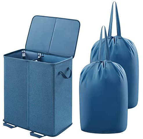 Lifewit 136L Wäschekorb mit Deckel 2 Fächer, Wäschesammler mit 2 herausnehmbaren Wäschesäcken, Faltbar Wäschesortierer Laundry Baskets Wäschebox Stoff Wäschekörbe für Badezimmer Schlafzimmer, Blau