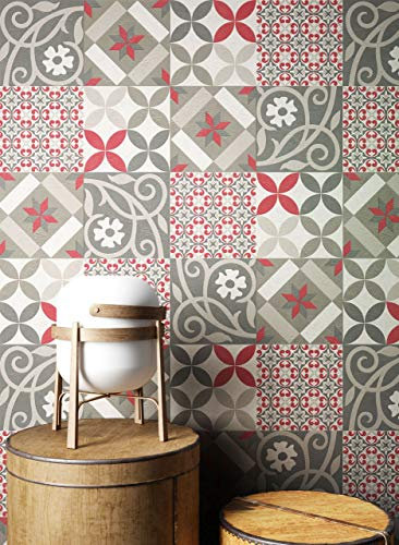 NEWROOM Tapete Rot Vliestapete Fliesen - Fliesentapete Orientalisch Grau Weiß Mosaik Kacheln Fliesenoptik Grafisch Beton-Optik Mustertapete inkl. Tapezier-Ratgeber