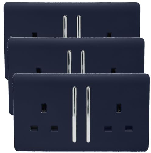 Trendi 2 Gang Artistic Modern Glossy 13 Amp Switched Plug Socket Navy (3 Pack)