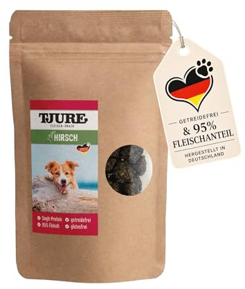 TJURE Hundesnack Hirsch 150g | Hunde Leckerlis mit 95% Fleisch | Hundeleckerli getreidefrei & ohne Zusatzstoffe | Natürliche Belohnung für Zwischendurch | Ideal als Trainingsleckerli für Hunde