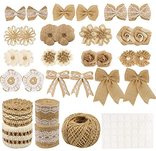34 PCS Jute Burlap Flowers for Crafts, Natural Handmade Rustic Burlap Flower Bowknots Set, Burlap Ribbons with Lace, Jute Twine, Glue Point for DIY Craft Wreath Gift Wedding Party Christmas by Gbateri