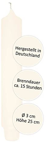 FINK Stabkerze Tafelkerze Tischkerze - Farbe: creme für festliche Tischdeko Silvester - lange Brenndauer ca 15 Stunden - H 25 cm D 3 cm