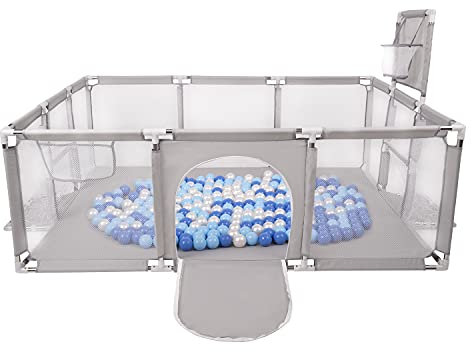 Selonis Laufstall Baby Großer Spielplatz Mit 200 Bälle Laufgitter Für Kinder, Grau:Blau/Babyblue/Perle