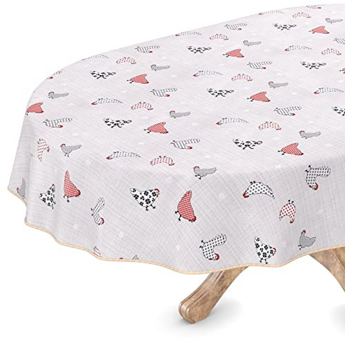 Tischdecke abwaschbar Wachstuch Wachstuchtischdecke Oval 140 x 180cm mit Saum Hühner Grau Gartentischdecke Wachstuch