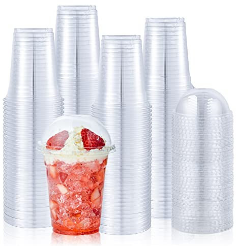 Lilymicky Confezione da 100 bicchieri in plastica trasparente con coperchio a cupola, usa e getta, 350 ml, bicchieri per parfait per caffè freddo, frappuccino, bubble boba