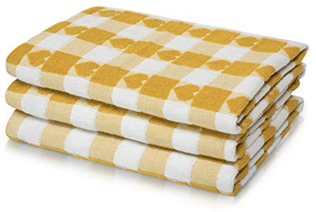 La Maison Pack of 3 Hearts Check Woven Tea Towel Large Super Absorbent 100% Cotton Kitchen Towels (Ochre)