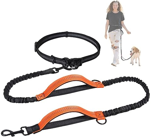 Snocyo Joggingkoppel hundar, jogging hundkoppel för medelstora och stora hundar, elastiska och reflekterande hundkoppel, infällbart koppel med dubbelgrepp och midjebälte