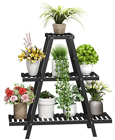 BMOSU Plant Stand Bamboo for Indoor Outdoor Tiered Plant Shelf 8 Potted Flower Holder Ladder Rack Garden Balcony Living Room Patio(3 Tier Black)
