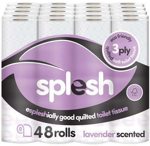 Splesh by Cusheen Toilet Roll 48 Rolls - Lavender Scent Bulk Family Pack | Soft 3 Ply Quilted Bathroom Tissue Loo Rolls | Eco-Friendly, Sustainable Toilet Paper