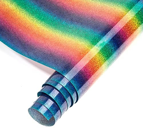 Plotterfolie Textil, Regenbogen Glitzer Streifen Flexfolie Wärmeübertragung Vinyl 150 x 25cm Film Textile Kompatibel für Cricut Cameo für DIY Bügels T-Shirt Stoffe