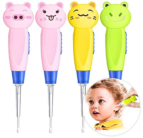 Cerume Orecchie Pulitore con Luce LED Set di 4, per la cura delle orecchie, cucchiaio, per la pulizia delle orecchie, Rimozione Cerume Orecchie, per bambini e adulti, colore casuale