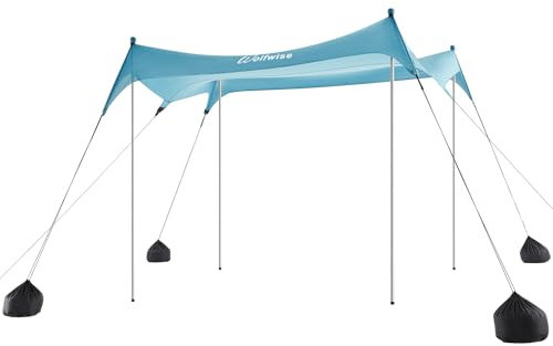 WolfWise UPF50+ Strandzelt mit Sandanker, Sonnenschutz UPF50+ mit Sandschaufel, 2,3 x 2,3 m Strandzelt für 2-6 Personen, einfacher Aufbau, Winddicht, Wasserdicht, Blau, Groß
