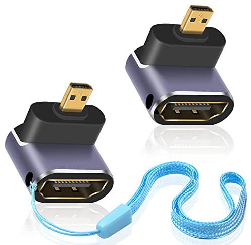 Duttek 8K 90 Degree Micro HDMI Adapter (2 Pack), UP Angle Micro HDMI Male to HDMI Female Adapter, UHD HDMI Micro Extender, avec lumière LED et Design perforé Support Cameras Camcorder DC