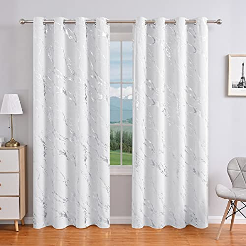 Delien Gardinen Blickdichte mit Ösen Gardinenschals Modern Verdunkelung Vorhang Wohnzimmer Ösenschals »Marmor« Fenster Gardinen mit Gold- und Silberdruck 1 St. Weiß,BxH 140x145cm