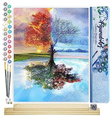 Figured'Art Peinture par Numéro Adulte Arbre 4 Saisons - Activité Manuelle Kit de Loisir Créatif DIY Numéro d'Art Complet - 40x50cm avec châssis en bois à monter