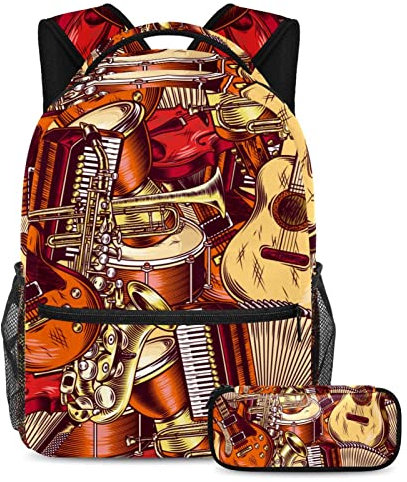 VAPOKF Schulranzen-Set für Teenager, Mädchen, Jungen, Schüler, Büchertasche, Rucksack mit Federmäppchen für die Schule – Gitarre Akkordeon, multi, Einheitsgröße, Schulranzen-Sets