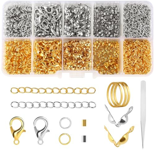 Kettenverschluss,1002 Stück DIY Armband Verschlüsse Set Enthalt Biegeringe,Karabinerverschlüsse,Crimpenden,Quetschperlen,Ketten Verschlüsse und Pinzette,Gold Silber Schmuck Verschlüsse für Armbänder