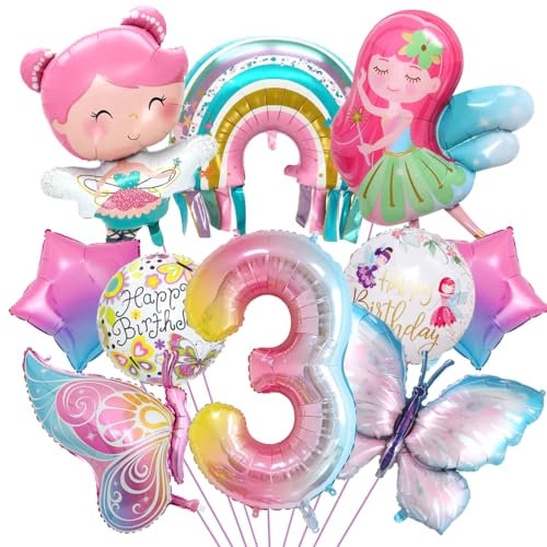 Schmetterling Deko Geburtstag, Luftballon 3. Geburtstag, Feen Deko, Regenbogen Stern Folienballon für Mädchen Jubiläum Motto Party Dekoration
