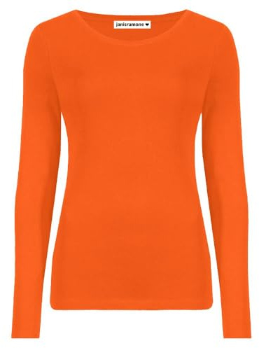 janisramone Womens Ladies Round Neck Long Sleeve T-Shirt Stretchy Plain Fitted Basic Jersey Casual Tee Top Neon Orange