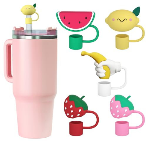Spove 5PCS Fruit Silicone Straw Covers for Stanley Cup, 10mm (0.4in) Reusable Straw Tip Lids, Dust-Proof and Portable for Stanley 30oz & 40oz Tumblers, Fun Fruit