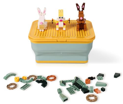 Building Block Storage Box, Silicone Collapsible Storage Box for Lego Toy Storage Organizer Stackable Storage Boxes with Lids for Sorting Bricks Puzzle (Blue+Yellow)