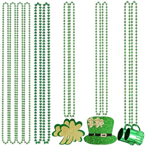 SHEHARUHI 12 Pieces St. Patrick's Day Clover Necklace, 5 Types include Round Ball, Shamrock, Hat, Beer Glass Pendant Necklace for Irish Holiday Festival Carnival Decoration Party Costume Accessory,