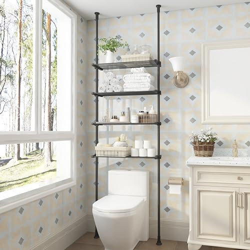 DYN Ptah Organizer da pavimento a soffitto a 4 ripiani per WC, con pali di tensione/mensole, altezza regolabile, larghezza e posizione, colore nero
