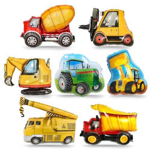 7 Piezas Excavadora Globos, XXL Globos Temáticos de Construcción, Gigante Globo Camiones Tractores, Globos Bulldozer Excavadora para Niños Decoraciones de Fiesta Cumpleaños